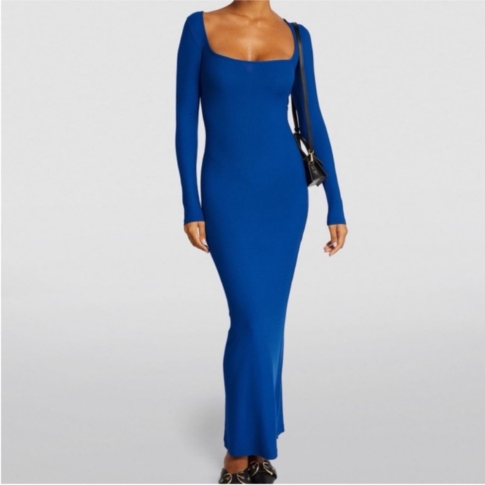 SKIMS Royal Blue Ribbed Long Sleeve Dress